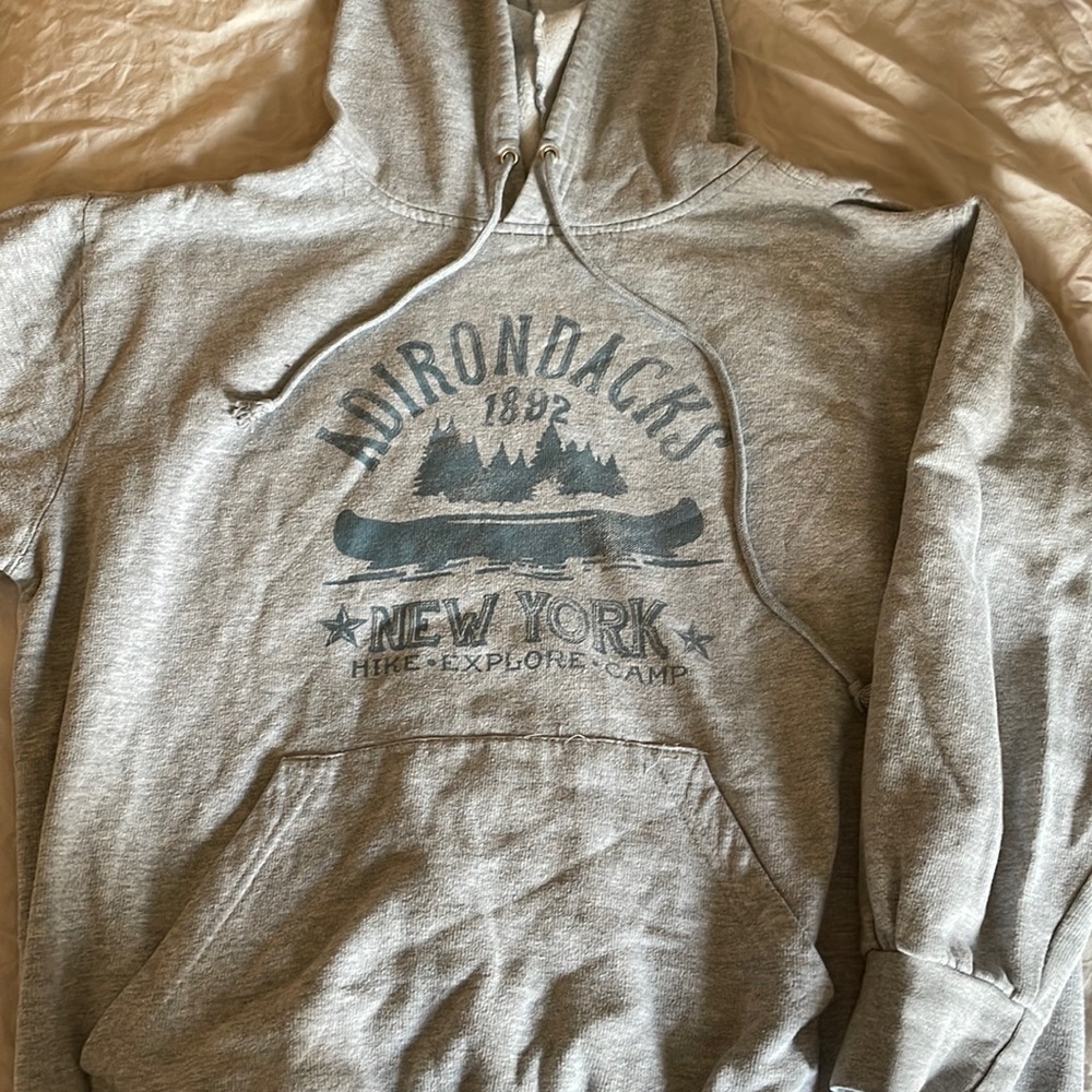 Large Adirondacks New York, gray pullover sweatshirt with hood and pockets